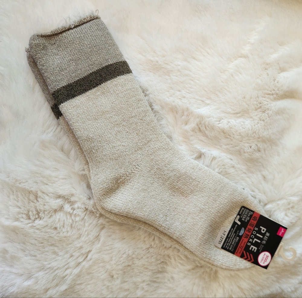 Daiso beige warm fluffy striped pile socks
